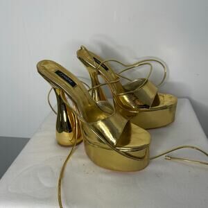 ISNOM Gold Platform Heels Sculptural Lace Up Disco Sandals Womens 10